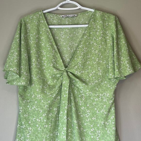 Zara Green Floral Short Sleeve Mini Dress Size XL - Picture 4 of 10